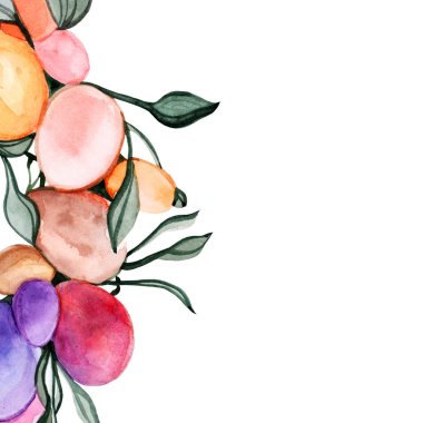 wreath. Happy Easter. postcard. background. multi-colored eggs. leaves. Spring. watercolor