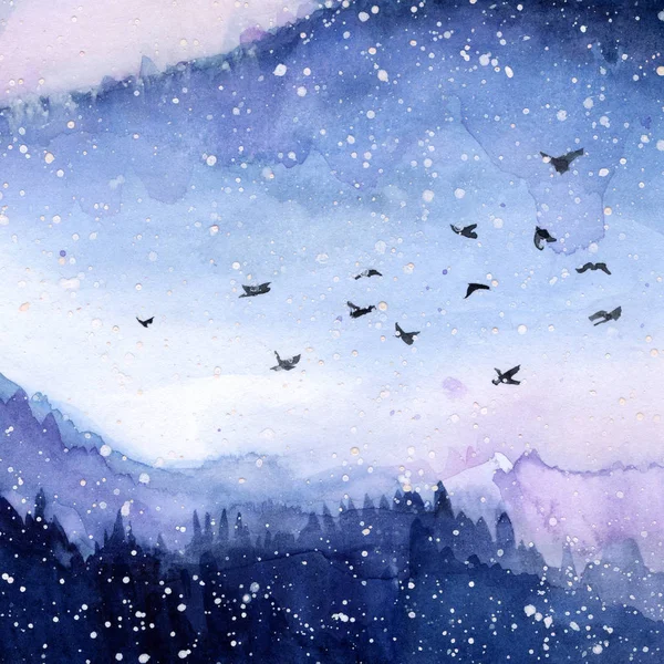 forest in the fog. the hills. the birds are flying. blue sky. watercolor. snow. winter.