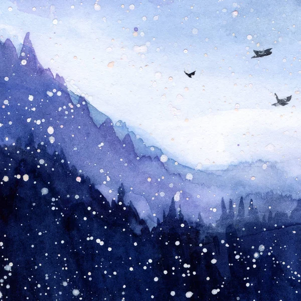 Floresta Nevoeiro Colinas Pássaros Estão Voar Céu Azul Aguarela Neve — Fotografia de Stock