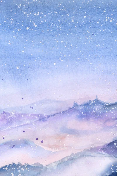 forest in the fog. the hills. the birds are flying. blue sky. watercolor. snow. winter.