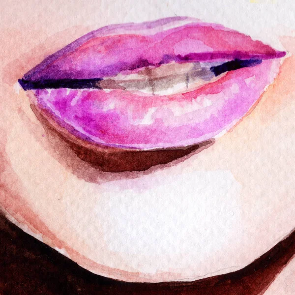 紫色口红 唇水彩画 — 图库照片