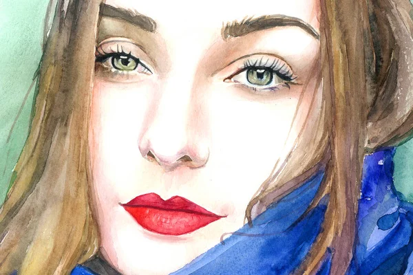 portrait. picture. girl. winter. scarf. watercolor