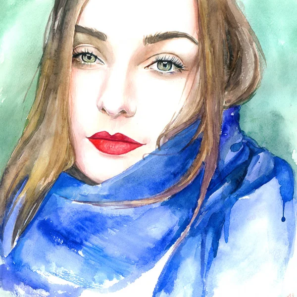 portrait. picture. girl. winter. scarf. watercolor