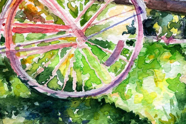 bicycle. wheel. grass. sunny. spring Summer . watercolor