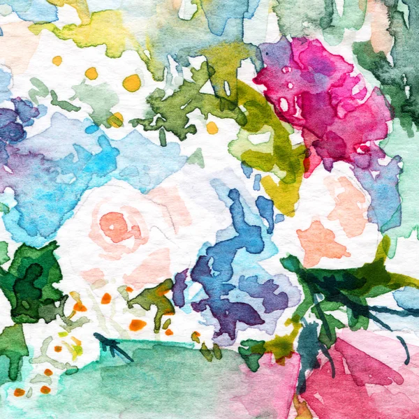 花园里的花玫瑰 绣球A 阳光灿烂 水彩画 — 图库照片