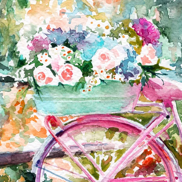 Rower Kwiatami Róże Hortensjonalne Klasyka Słonecznie Wiosenne Lato Akwarela — Zdjęcie stockowe