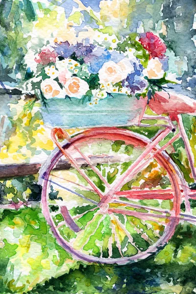 Bicicleta Com Flores Rosas Hortênsias Vintage Sol Primavera Verão Aguarela — Fotografia de Stock