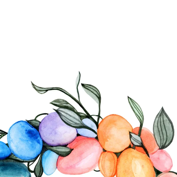 Ghirlanda Buona Pasqua Una Cartolina Sfondo Uova Multicolori Foglie Primavera — Foto Stock