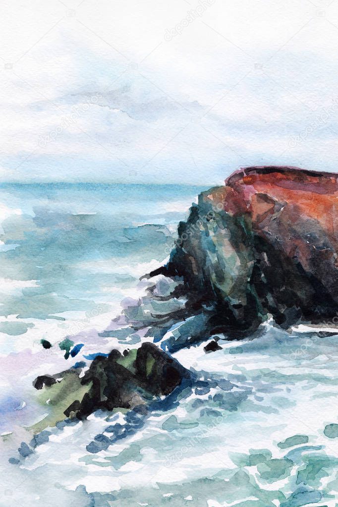 seashore watercolor. surf. sea foam. ocean. stones