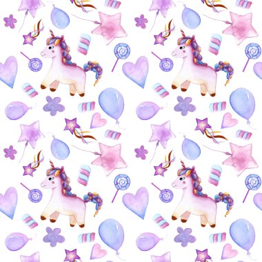 Kusursuz tasarım. Tek boynuzlu at. Balonlar. Çubukta şeker. Şekerlemeler. Çiçek. Sihirli değnek. Suluboya. Mutlu yıllar.