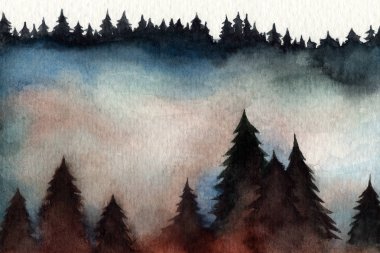 fog in the forest. Christmas trees. needles. pine trees. autumn winter. watercolor