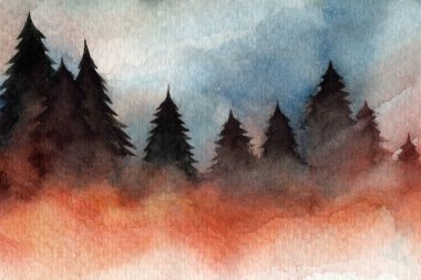 fog in the forest. Christmas trees. needles. pine trees. autumn winter. watercolor
