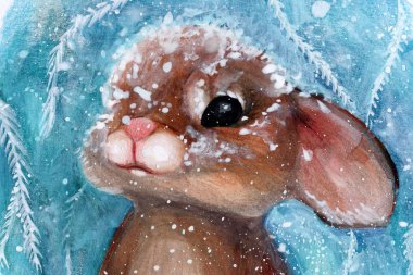 Bunny winter cold in the snow. rabbit snowflakes. needles. frost. watercolor. Christmas. happy new year greeting card