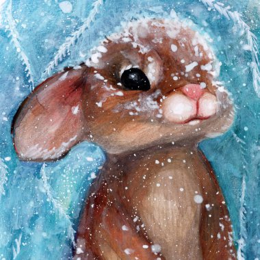 Bunny winter cold in the snow. rabbit snowflakes. needles. frost. watercolor. Christmas. happy new year greeting card