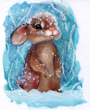 Bunny winter cold in the snow. rabbit snowflakes. needles. frost. watercolor. Christmas. happy new year greeting card