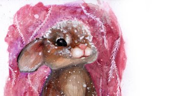 Bunny winter cold in the snow. rabbit snowflakes. needles. frost. watercolor. Christmas. happy new year greeting card