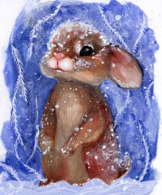 Bunny winter cold in the snow. rabbit snowflakes. needles. frost. watercolor. Christmas. happy new year greeting card
