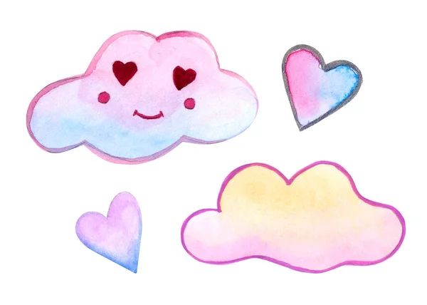 Clouds Love Hearts Watercolor Cute Set Valentine Day — 스톡 사진