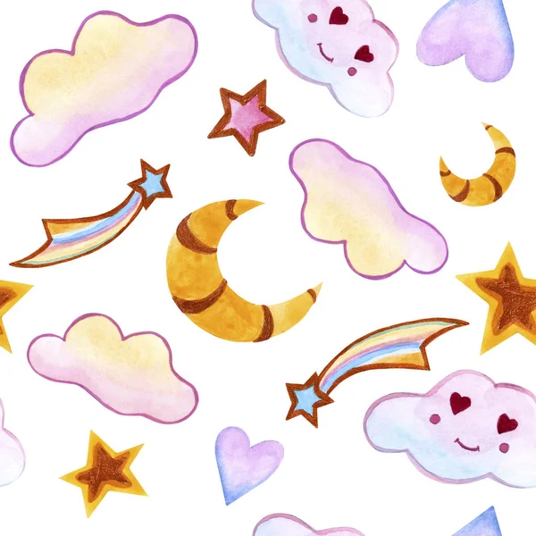 seamless design. clouds. watercolor. stars. comet. moon. hearts