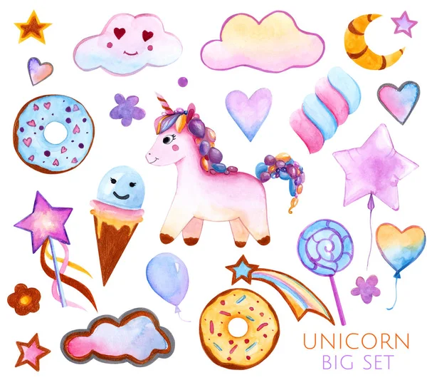 unicorn. big watercolor set. happy Birthday. balloons. stars. candy canes . Magic wand. tapes. sparkles. marshmallows. donuts . cloud. love. ice cream. illustration. hearts. rainbow co