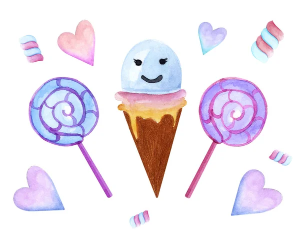 Candies Ice Cream Marshmallows Hearts Watercolor — 스톡 사진