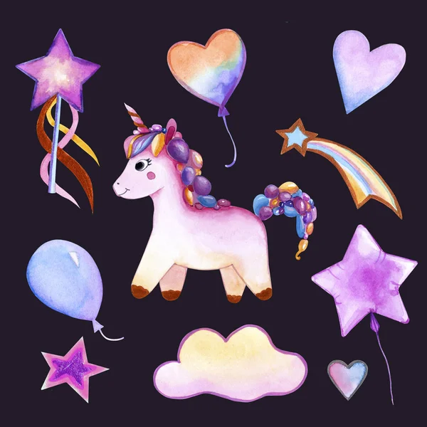 Unicorn Party Happy Birthday Balloons Stars Hearts Magic Wand Watercolor — Stock Photo, Image