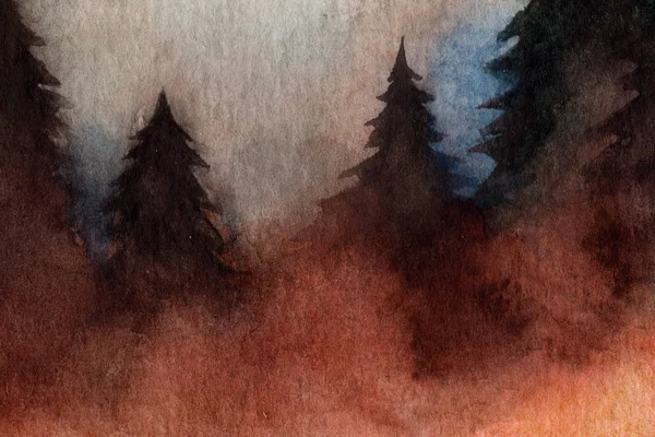 Mlha Lese Vánoční Stromky Jehly Borovice Podzimní Zima Akvarel — Stock fotografie