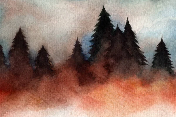 森の中の霧クリスマスツリー針だ松の木秋の冬水彩画 — ストック写真
