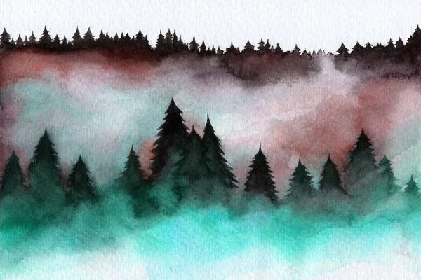 Fog Forest Christmas Trees Needles Pine Trees Autumn Winter Watercolor — Stockfoto