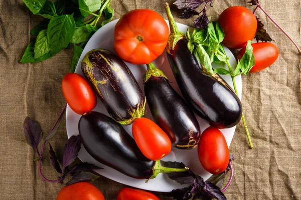 Verduras de verão maduras: tomates vermelhos e berinjelas — Fotografia de Stock