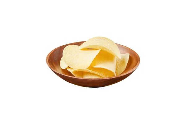 Chips in wooden plate isolated on white background — Stock Photo, Image