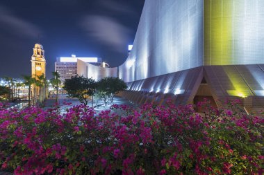 Geceleri Hong Kong 'un Tsim Sha Tsui bölgesinde park ve saat kulesi