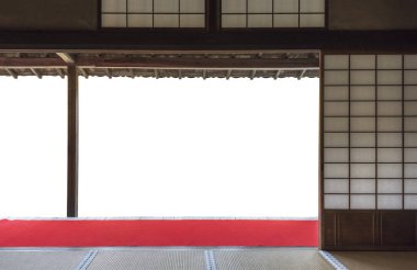 Geleneksel Japon ahşap ve pirinç kağıt kapı ve tatami mat zemin. Oryantal arka plan
