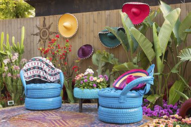Mexican style backyard flower garden clipart
