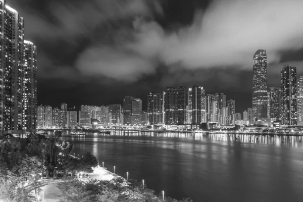 Ορίζοντα Του Λιμανιού Στην Πόλη Του Χονγκ Κονγκ Νύχτα — Φωτογραφία Αρχείου
