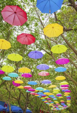 Kamu parkında renkli bir şemsiye. dekorasyon arkaplanı