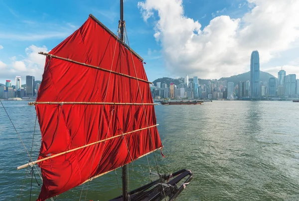 Sailing boat in Victoria Harbor of Hong Kong city