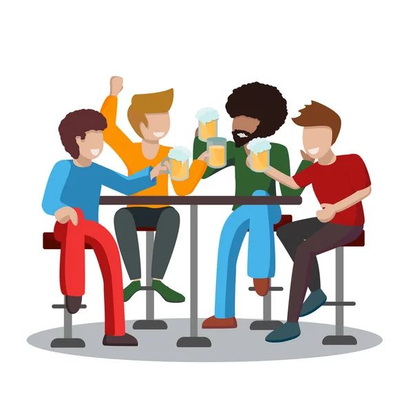 男の4人の友人は泡立つビールを飲み、グラスでトーストを上げる。人々のグループは、高バースツールに座って一緒に楽しい時間を過ごしています。アフリカ系アメリカ人と3人の白人。ベクトル — ストックベクタ