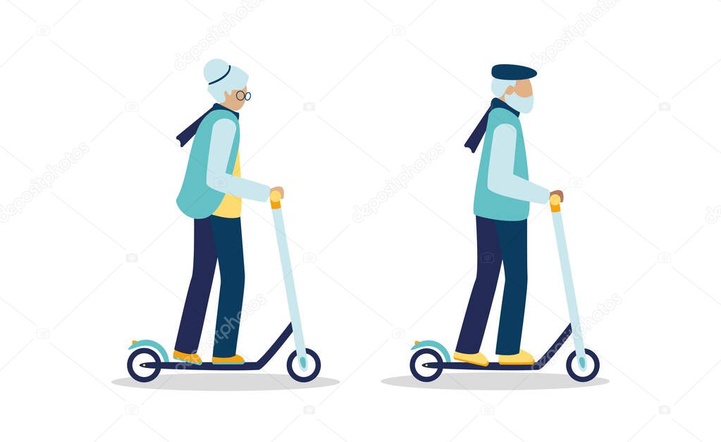 A pair of old people ride a rented electric scooter together. Seniors with gray hair on a kick scooter. Set of grandparents grandmother and grandfather on eco city transport. Vector illustration.