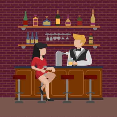 Kırmızı elbiseli genç bir kız yüksek bar taburesinde oturuyor ve bir bardak bira siparişi bekliyor. Barmen bardağa alkol döker. Bar kafe barın içi. Vektör düz resimleme