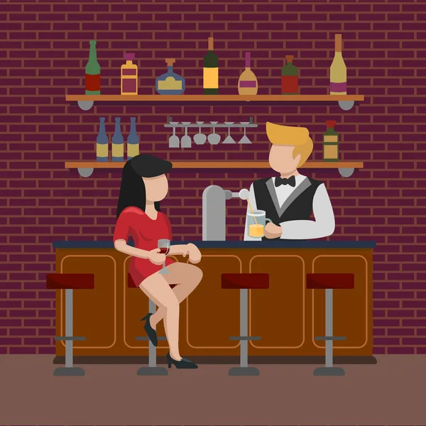 En ung flicka i röd klänning sitter på en hög barstol och väntar på en beställning på ett glas öl. Bartendern häller alkohol i en mugg. Interiören i baren café pub. Vektor platt illustration — Stock vektor