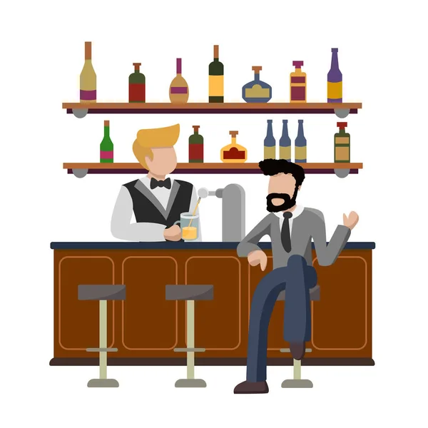 Drinking establishment. Young businessman  sitting at bar counter. Guy orders a glass of foamy light beer and talking with barkeeper. Pub bartender serving client. Bar beer tap pump, stools, bottles. — Stock Vector