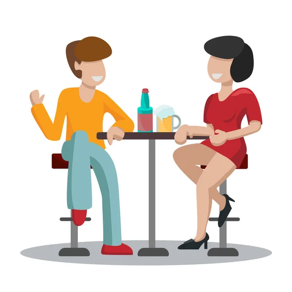 Uitgaan met een man en vrouw in een rode jurk. Een paar mensen zitten op hoge barkrukken aan een tafel en drinken bier en wijn. Vrienden praten en ontspannen. Geïsoleerd op witte achtergrond vector illustratie — Stockvector