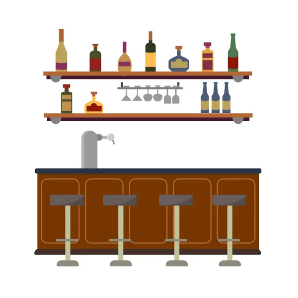 Empty bar counter interior with beer pump faucet. On the wall is a shelf with glasses and liquid alcoholic drinks. Rum, wine, tequila. Vector flat illustration isolated on white background — Stock Vector