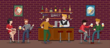 Binanın içinde kahverengi tuğladan duvarlı bir bar odası var. İnsanlar eğleniyor, yüksek bar taburelerinde oturuyor ve bira içiyor. Tezgahtaki barmen ziyaretçiye alkol dolduruyor. Vektör illüstrasyonu