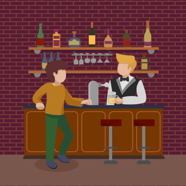 Young man standing at bar counter. Boy orders a glass of foamy light beer. Pub bartender serving client. Barman pours alcohol. Bar beer tap pump, stools, bottles of wines. Flat vector illustration