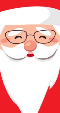 Nazik yüzlü Noel Baba, gözlüklü. Beyaz sakallı, fotokopi alanı olan neşeli bir portre. Mutlu Noeller ve mutlu yıllar. Vektör düz çizim. Tebrik kartı, afiş, poster tasarımı