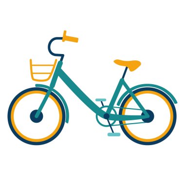 Pedallı bisiklet, beyaz arka planda bir sepet ve alçak çerçeve. Sarı-yeşil elektrikli bisikletin yan görünüşü. Vektör illüstrasyonu.