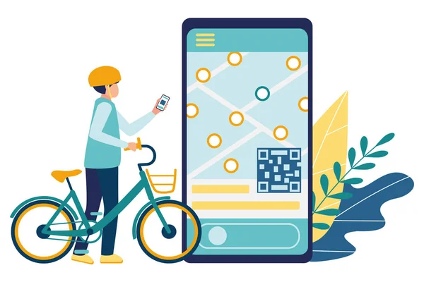 Fahrradverleih. mobile Anwendung zur Suche und Vermietung von Fahrrädern. Ein junger Mann mit Helm mietet per Handy-App ein Elektrofahrrad. Konzept Fahrradverleih. Vektorabbildung isoliert — Stockvektor