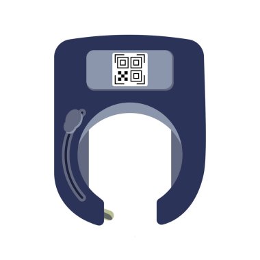 Açılmış akıllı bisiklet kilidi, beyaz arka planda QR kodu olan bir at nalı şeklinde. Hırsızlık koruması ve kira ve paylaşım için ödeme yöntemleri. Vektör düz resimleme